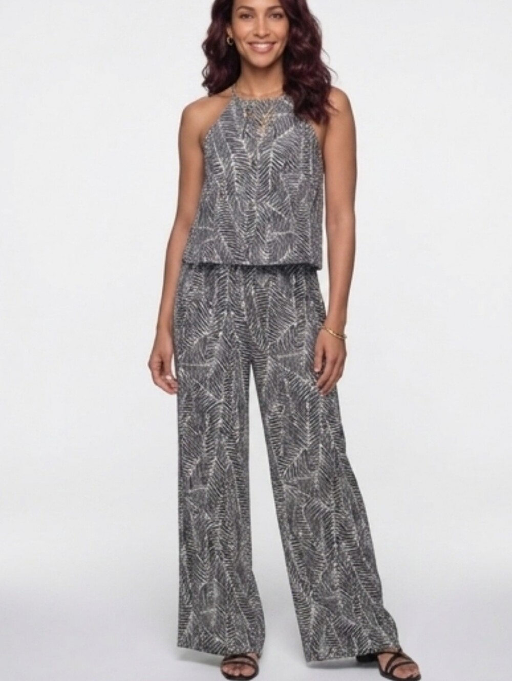 Cookies Hawaii Tropical Palm Print Halter Popover / Wide Leg Jumpsit Size L